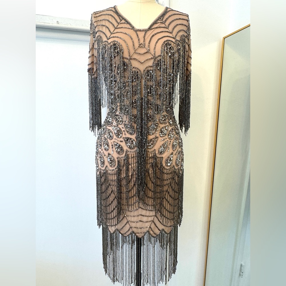 Cream & Silver Embellished Midi Dress – XS, Formal Evening Party Gown